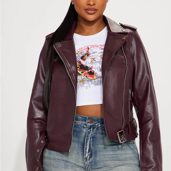 Burgundy leather jacket with belt - Picture 3 of 7